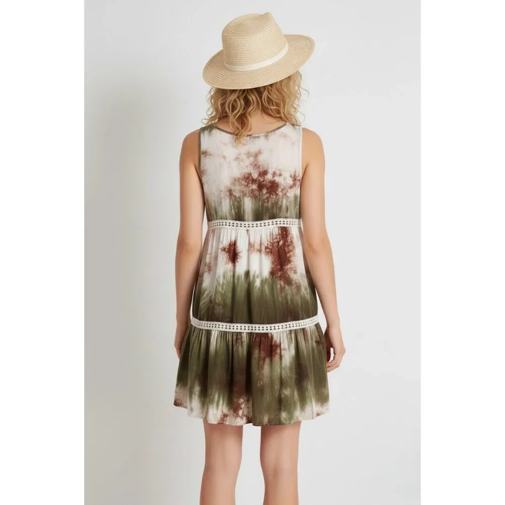 NWT Green Tie-Dyed Tiered Ruffle Hem Mini Slip Dress | Coastal Cowgirl Boho Chic - Picture 5 of 9